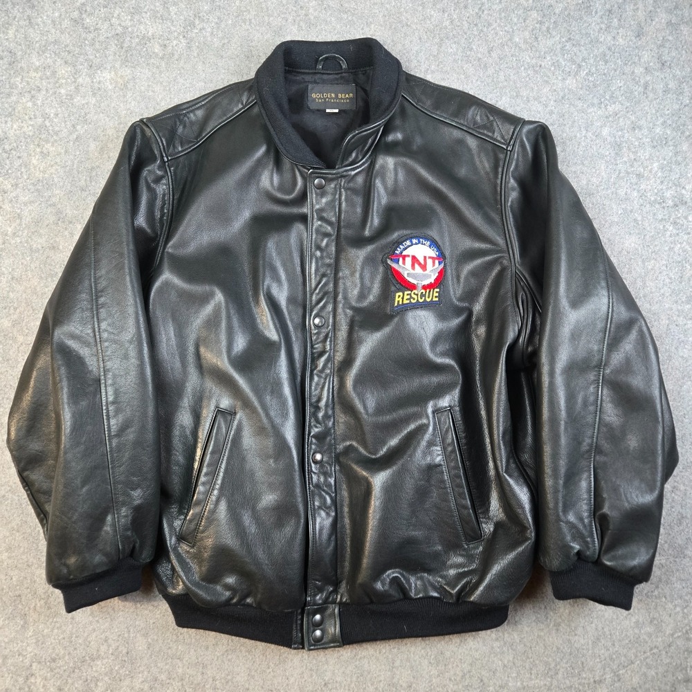Vintage Golden Bear Leather Bomber Jacket Mens XL Black TNT Rescue‎ Firefighter